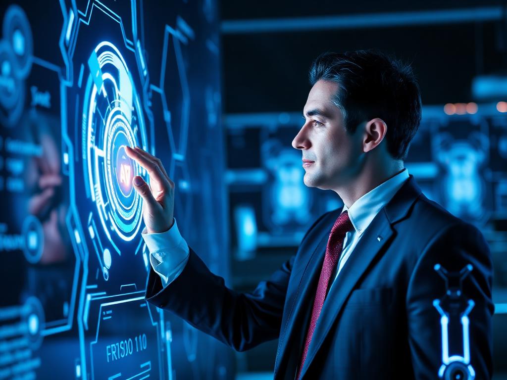 Businessman interacting with AI interface
